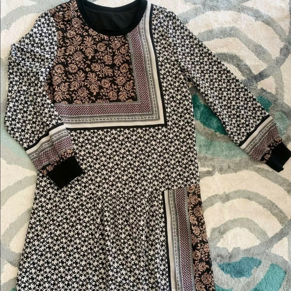 Floral Geometric Pleated Dress Knit Collar Cuff